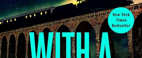 Book cover for “With a Vengeance” by Riley Sager, featuring a dark night scene with a train crossing a tall stone bridge under a cloudy sky lit with red tones; the author’s name appears in large turquoise text.