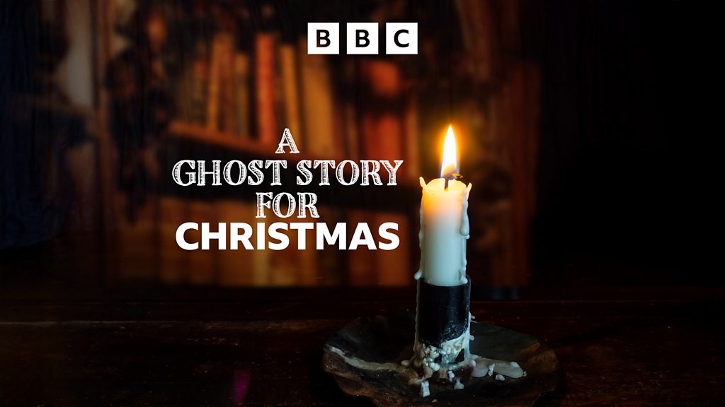 Image showing a single lit white candle on a dark table, its wax dripping, with blurred bookshelves in the background. The text reads “BBC – A Ghost Story for Christmas.”