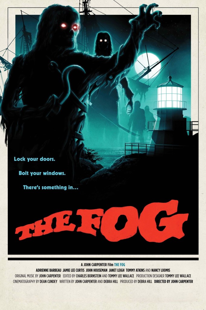 A stylized horror film poster featuring ghostly human figures with glowing red eyes emerging from thick fog near a lighthouse. The title “The Fog” appears in large red letters at the bottom, upon a dark coastal background.