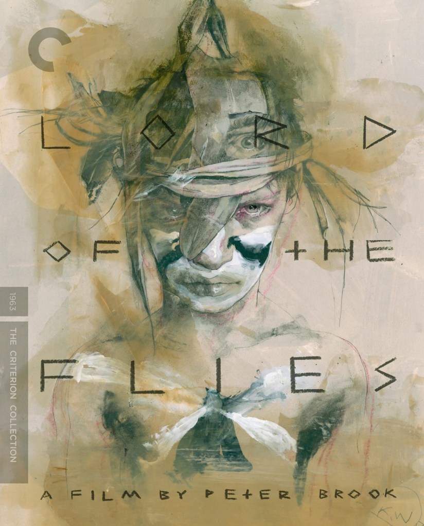 An illustrated film poster showing a young boy’s face painted with white and dark markings, staring forward with an intense and focused expression. Abstract shapes and muted earth tones surround the figure. The title, “Lord of the Flies” is integrated into the artwork.