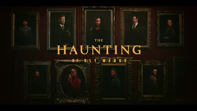 Title for The Haunting of Bly Manor featuring the show's logo in gold text against a dark red wall hung with several ornate framed portraits of figures in formal attire.