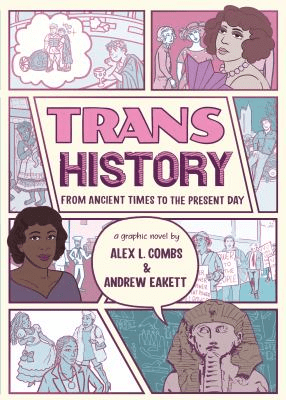 Cover of Trans History: From Ancient Times to Present Day: A Graphic Novel by Alex L. Combs & Andrew Eakett. Features drawings of famous trans historical figures including from ancient Rome, Egypt and present day.