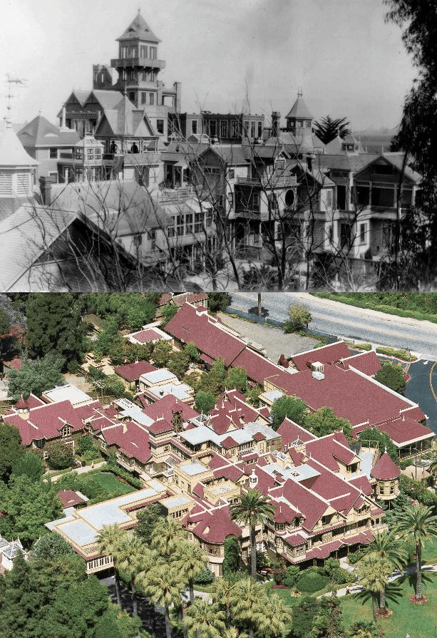 Two-part composite image of the real Winchester Mystery House in San Jose, California. The top photo is a black-and-white historical image showing the sprawling Victorian mansion's turrets, gables, and irregular rooflines. The bottom photo is a modern color aerial view of the same house, showing its maze-like layout of red-roofed sections, courtyards, and surrounding gardens.