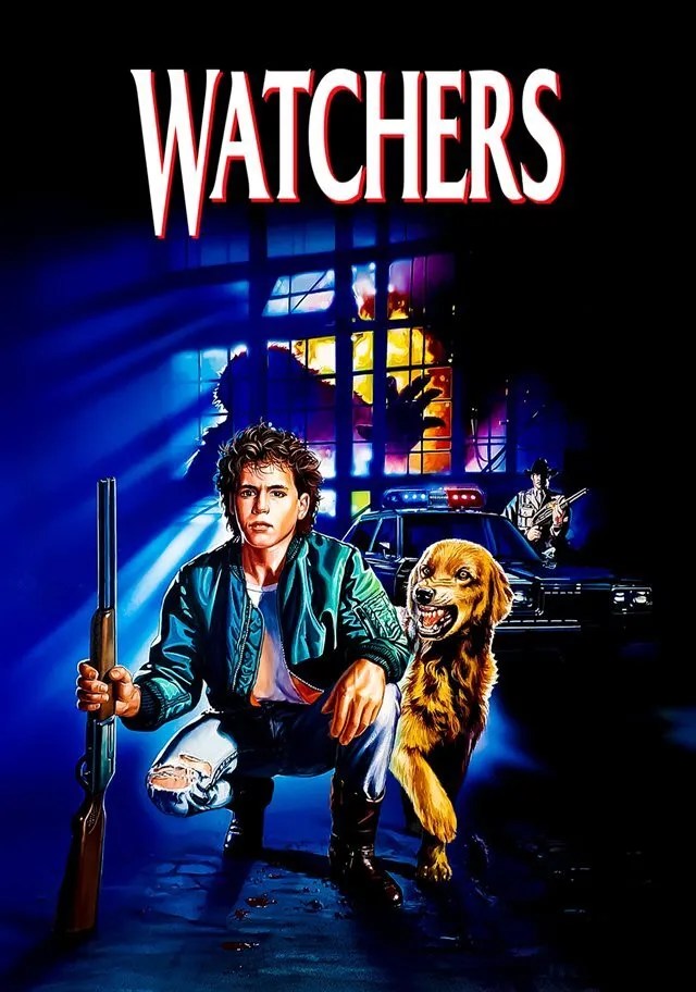Movie poster for 'Watchers' showing a young man crouched with a shotgun beside a golden retriever baring its teeth, illuminated by blue light from a shattered, fiery window. A police officer and patrol car with flashing lights are in the background.
