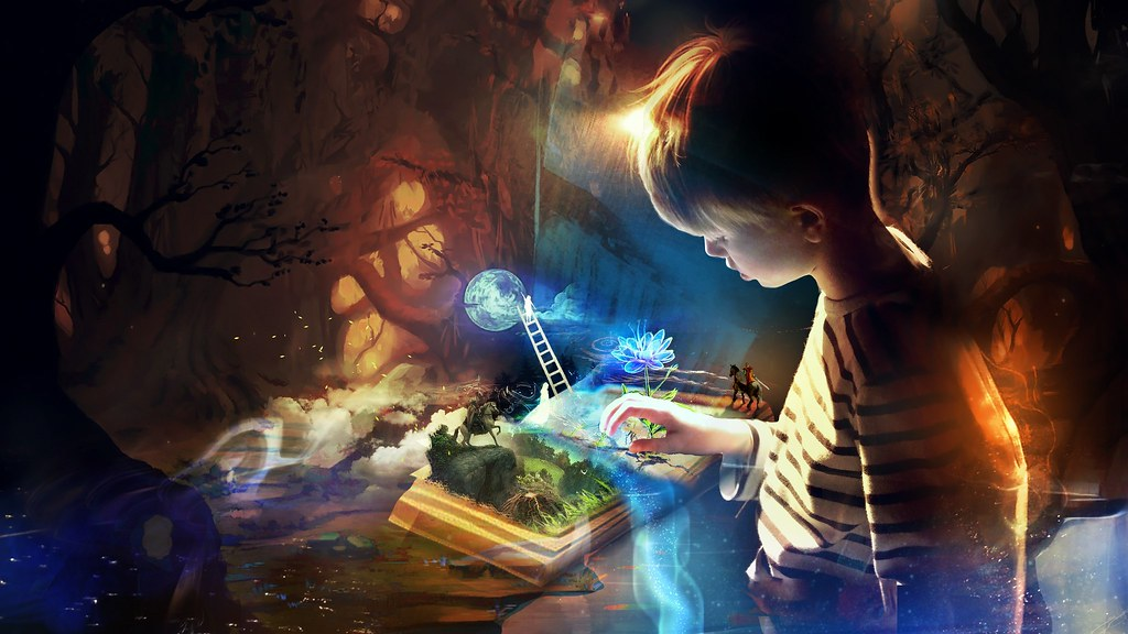 A fantasy illustration of a young child gazing at an open book and a magical is coming to life from it. It shows a blue flower, a tiny ladder leading up to a moon, miniature horse riders, and grass and rocks. The background is a dark forest with silhouetted gnarled trees and warm amber light glowing.