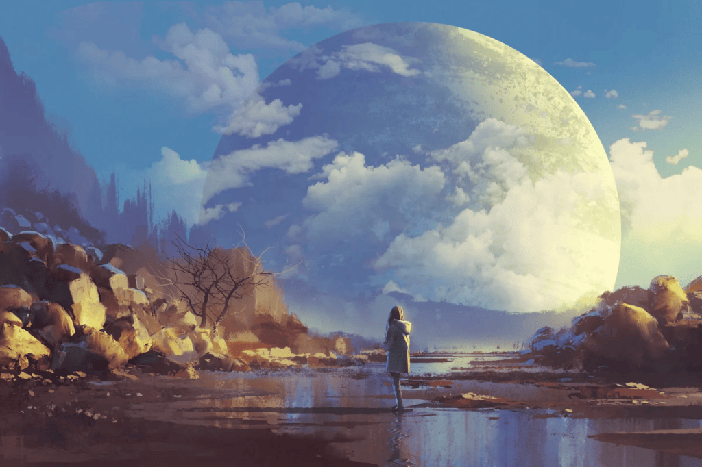 Digital fantasy art of a figure standing amidst rocky pools, gazing at an enormous celestial body partly obscured by fluffy white clouds.