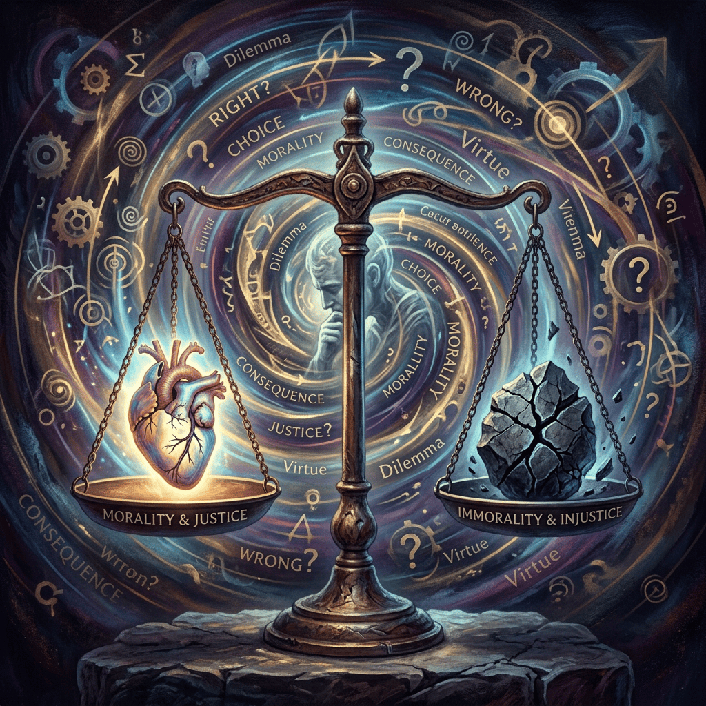 A detailed digital illustration featuring an ornate, antique brass balance scale resting on a rough stone ledge, set against a complex, swirling cosmic vortex of philosophical concepts. The scale is perfectly balanced, presenting a symbolic comparison between opposing ethical paths.