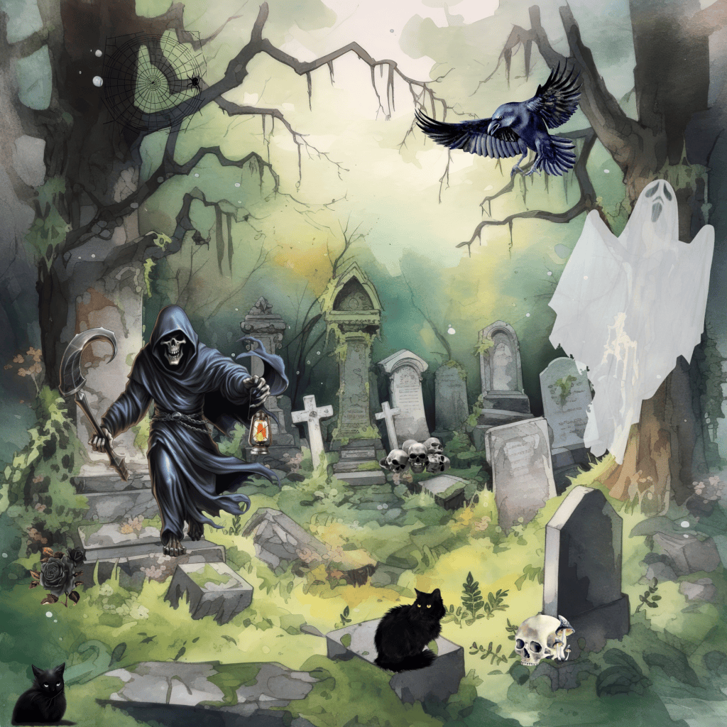 A watercolor illustration of a graveyard filled with weathered tombstones and bare, twisted trees under a misty green fog. On the left, a skeletal Grim Reaper in a hooded black robe holds a scythe and a lit lantern. To the right, a translucent white ghost floats near a tree while a black raven flies overhead. In the foreground, two black cats with glowing eyes sit near scattered skulls among the overgrown grass and stones.