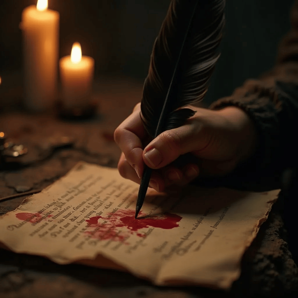 A hand writes with a black quill on parchment in a dimly lit setting. The tip of the feather pen rests in a fresh splatter of dark red blood. Two candles burn in the background. 